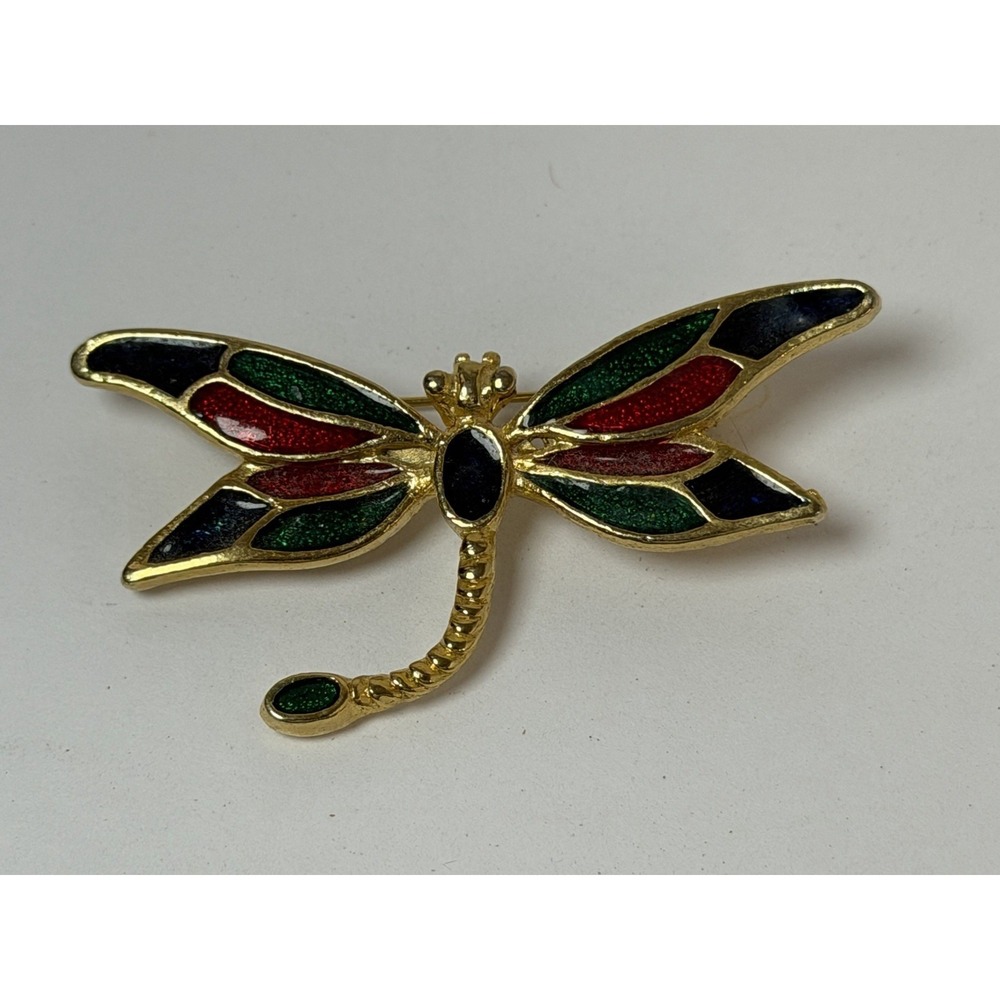 Dragonfly Brooch Pin Insect Gold Tone Enamel‎ Red Green Accents